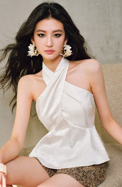 WANGXO Hand-Pinched Pleats Cross Halterneck Umbrella Swing Top with Sculpted Elegance -NYRA