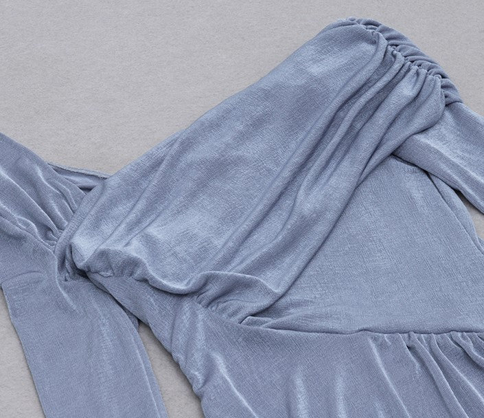 DOLLY Luxury Fog Blue Pleated Off Shoulder Slant Collar Long Sleeve Banquet Dress-MAYA