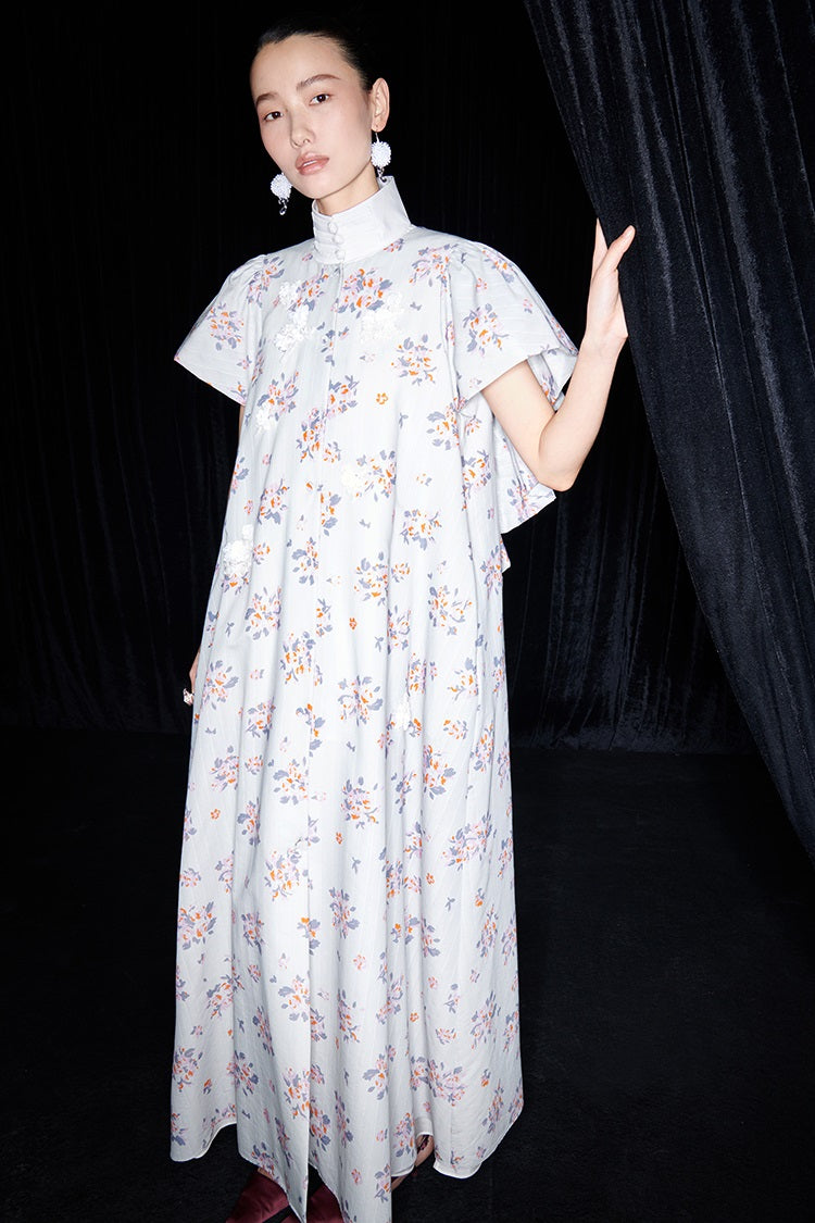 M essential Mackay designer Jinghe Printing floral nail bead puff sleeve dress - HAPPY.