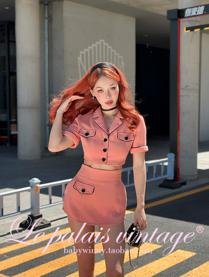 Le Palais Vintage  Peach Pink Small Fragrance Crop Top + Skirt Set-BEN