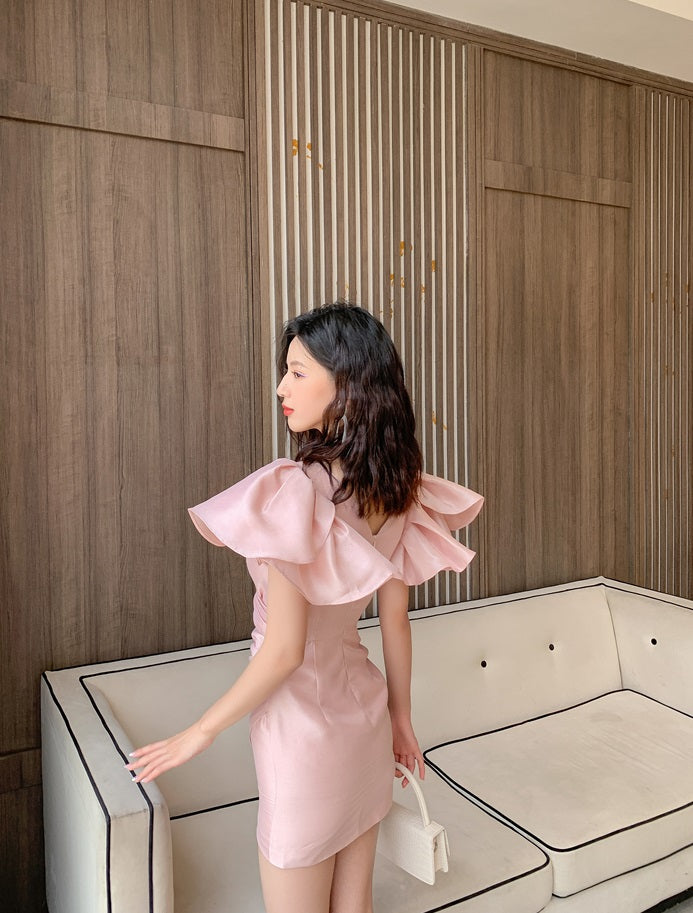 DOLLY Elegant V-Neck Short Flying Sleeve Hip Wrap Short Dinner Date Dress-KELA