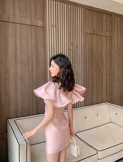 DOLLY Elegant V-Neck Short Flying Sleeve Hip Wrap Short Dinner Date Dress-KELA