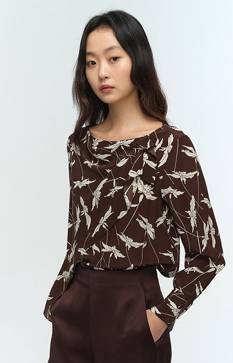 COMME MOI Lu Yan Designer New Women's Retro Printed One-Line Collar Silk Shirt - PRIDE.
