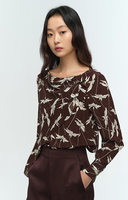 COMME MOI Lu Yan Designer New Women's Retro Printed One-Line Collar Silk Shirt - PRIDE.