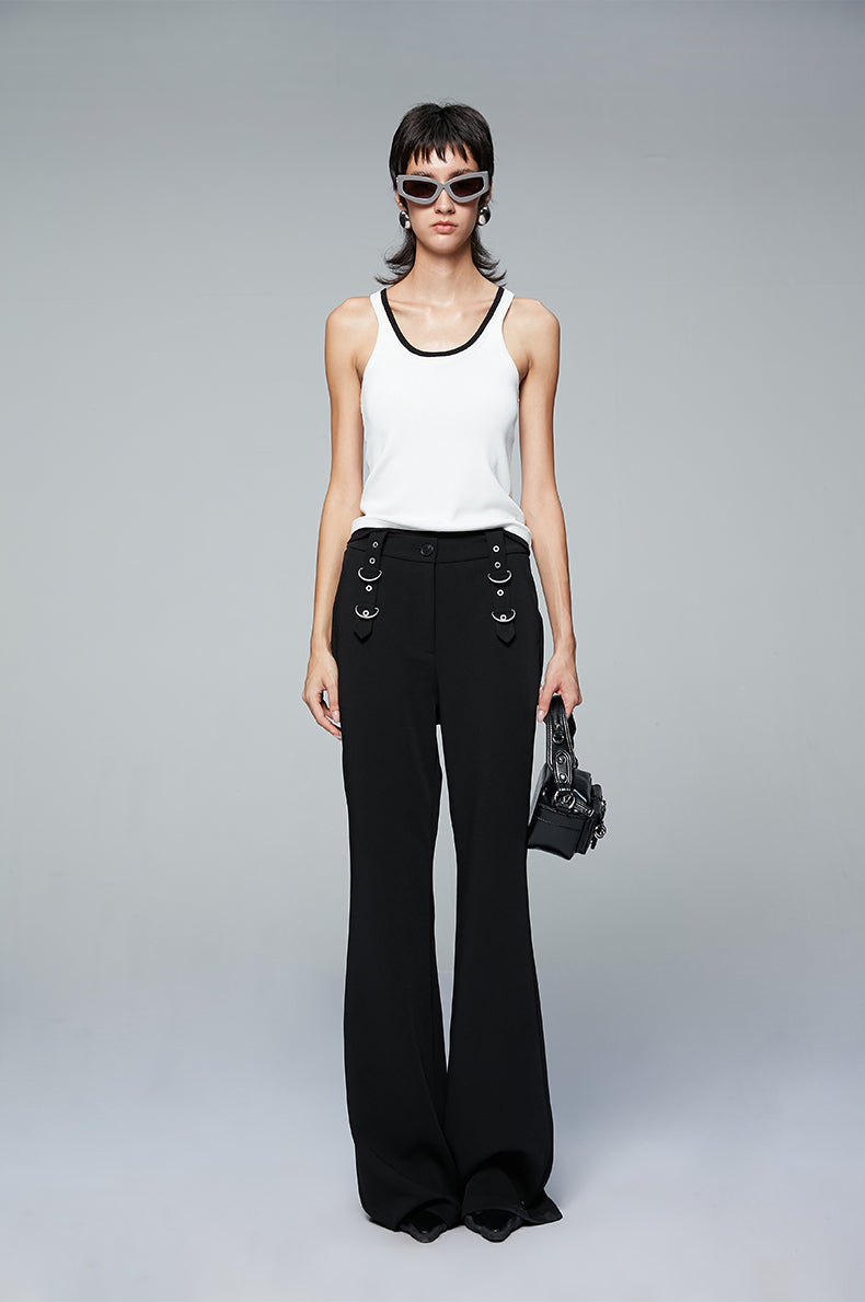 ANNAKIKI Designer Black Buckle Slim Fit Wide-Leg Casual Boot Pants-SAKATA