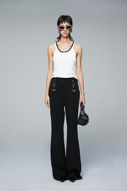 ANNAKIKI Designer Black Buckle Slim Fit Wide-Leg Casual Boot Pants-SAKATA