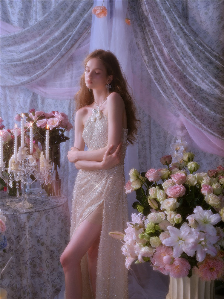 Wardrobes by Chen Luxury French Embroidered Butterfly Halter neck slick Dress- Kara