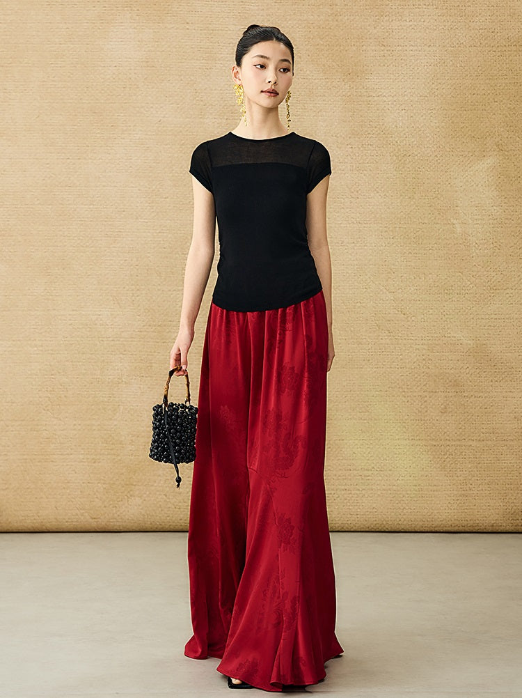 HECO Chinese style slightly transparent round neck knitted short sleeve T-shirt -BING.