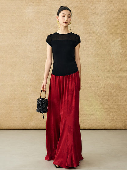 HECO Chinese style slightly transparent round neck knitted short sleeve T-shirt -BING.