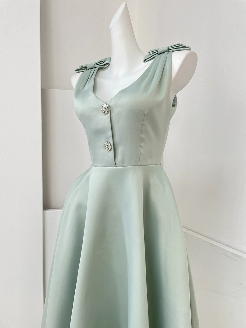 DOLLY Elegant Cream Retro French Style Stain Midi Formal Dinner Dress-UJU M / Green