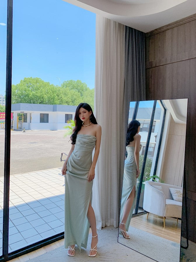 DOLLY Luxury Mint Green Sleeveless Off Shoulder Chest Wrap Long Slit Dinner Dress-CAT