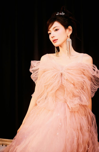 DOLLY Elegant Pink Sleeveless Big Bow Long Pleated Sequin Award Night Dress-CLEO  (V)