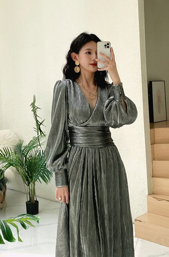 DOLLY Elegant Retro Gold Deep V-Neck Long Puff Sleeve Long Slit Award Dress-HUGO