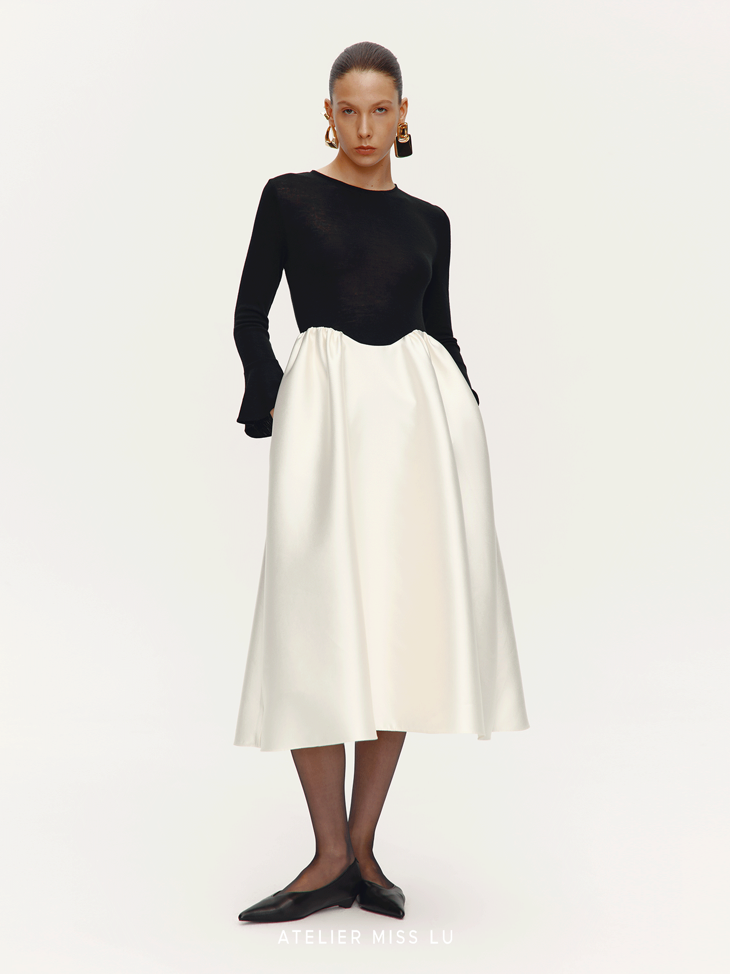 ATELIER MISS LU Glossy Slightly Stretched Long Sleeve A-Line Dress - HEAVE