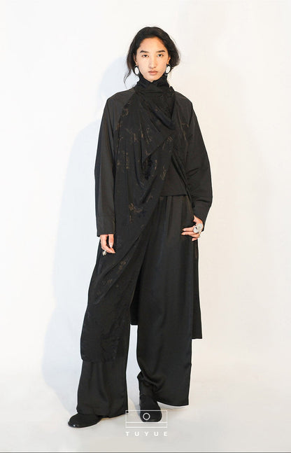 TUYUE Black Satin Weave Drawstring Silhouette Trench Coat - GARFIELD.