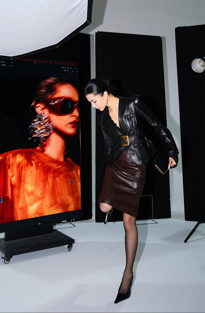 MEI SANGUAN Black Retro Waist V-Neck Leather Jacket - HANNAH