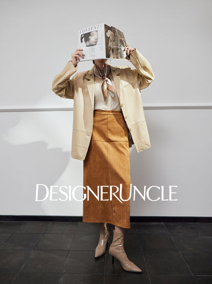 DGU|Beige jacket design sense niche temperament simple loose lapel cropped top - Stephania.