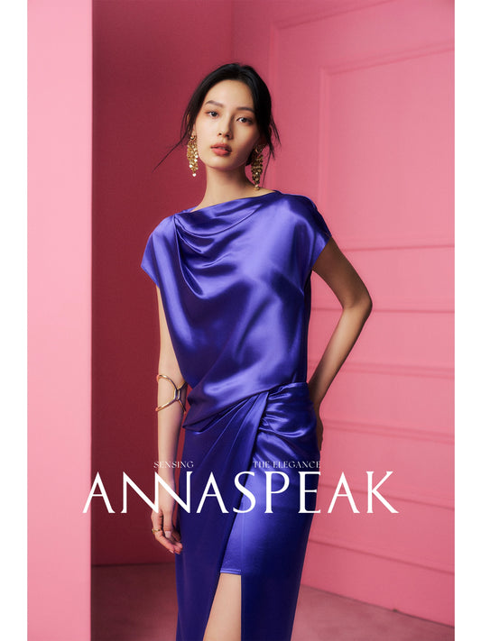 AnnaSpeak Luxury Stain Round Neck Short Sleeve Pull Over Slit Chic Dinner Suit-Roya