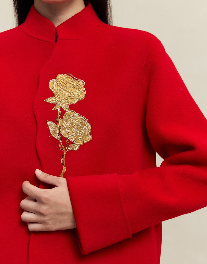 HECO 100% wool Embroidery Red black Short Double-Sided Tweed Jacket Women - out.