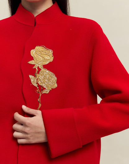 HECO 100% wool Embroidery Red black Short Double-Sided Tweed Jacket Women - out.