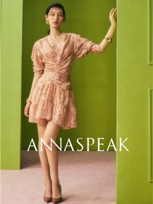 AnnaSpeak Elegant Print V-Neck Short Puff Sleeve/ Short Dinner Dress-Kristine