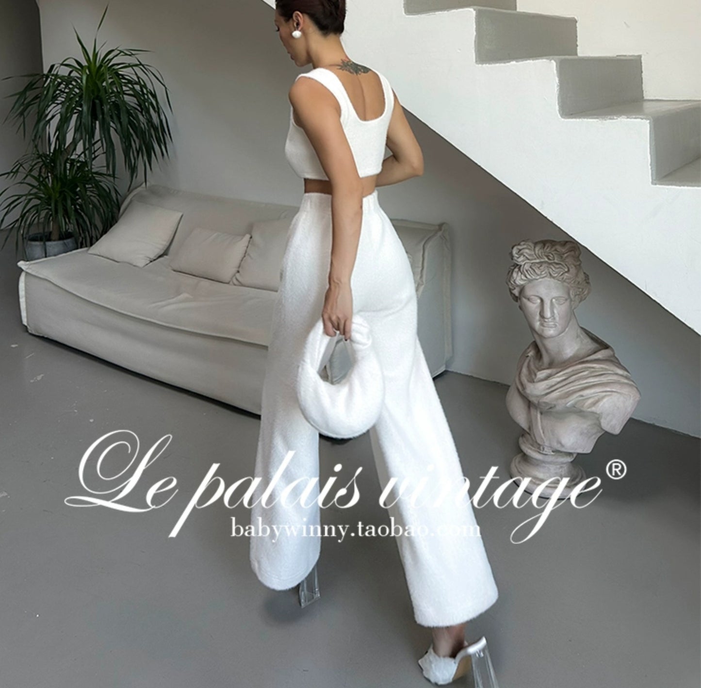 Le Palais Vintage Luxury White Fur Hand bag Plush Vest High Waist Wide-leg Pants Suit-Sonia