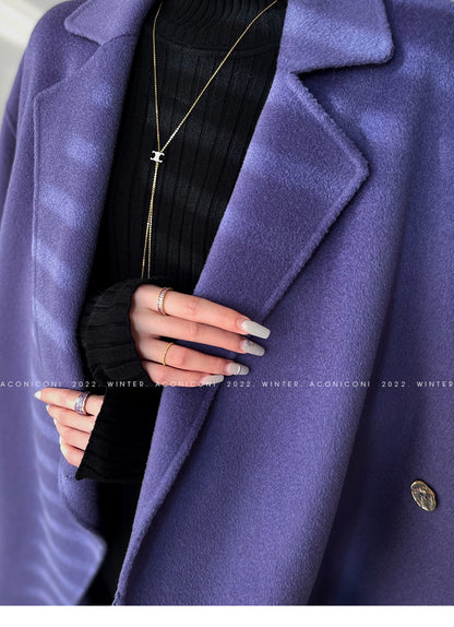 Aconiconi Luxury Purple Lapel Long Sleeve Long Straight Winter Coat- Taro