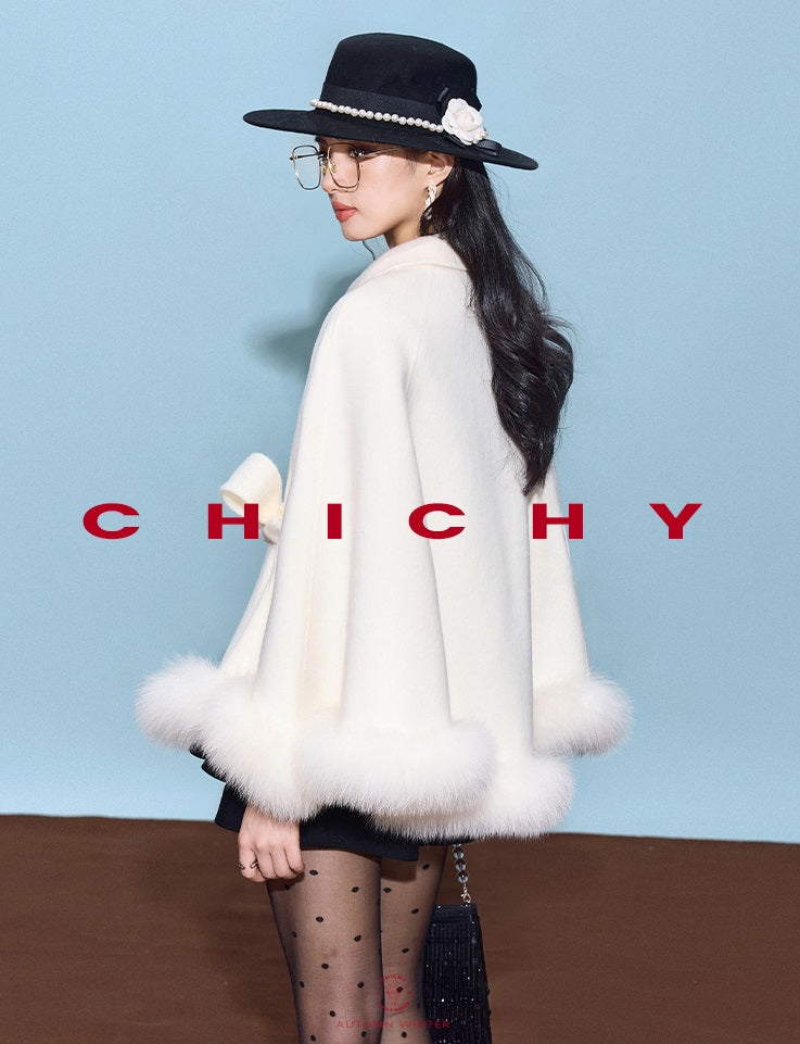 CHICHY white high-end loose reversible woolen cape coat-DOMI