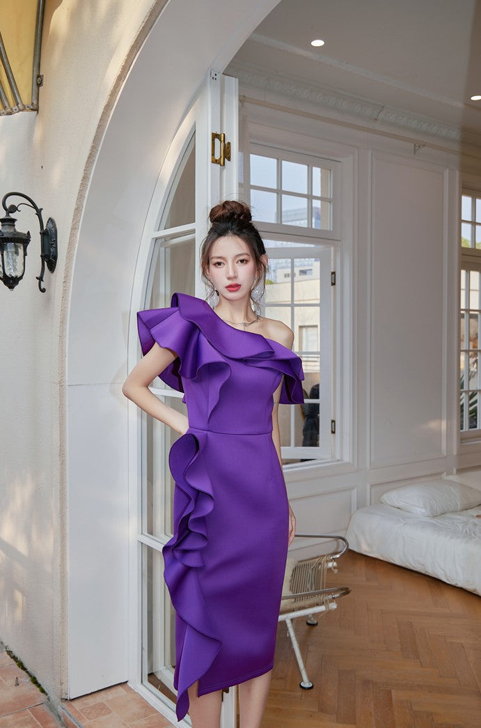 DOLLY Elegant Purple Ruffled Off Shoulder High Waist Midi Ruffle Dress-AKARI