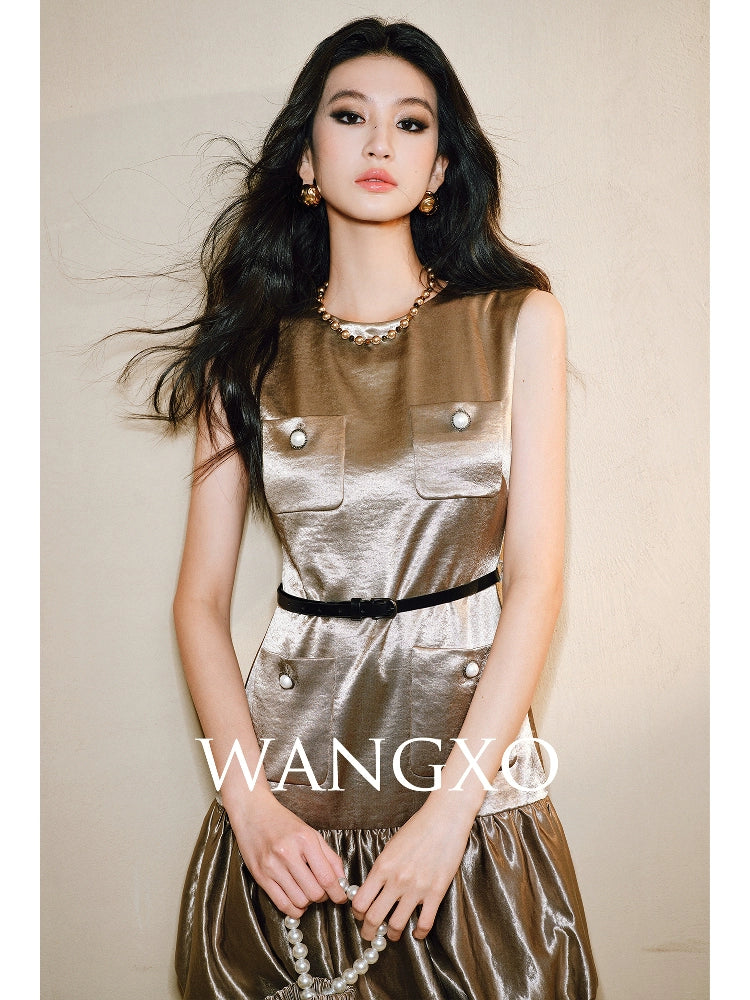 WANGXO Satin Gilt Pleated Flower Bud Hem Round Neck Sleeveless Waist Dress - CERYS