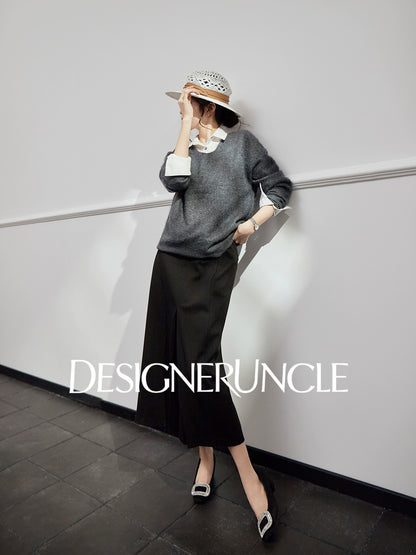 DGU "Goose Return" gray crew neck sweater loose and versatile slimming top - ALVADA.