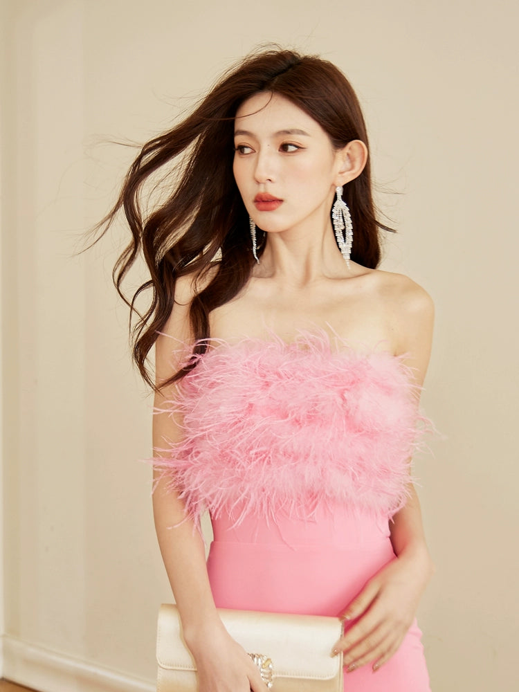 DOLLY Elegant Off Shoulder Fluffy Feather Tube High Waist Slim Fit Short Dress-FRANCES