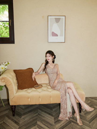 DOLLY Elegant Sleeveless V-Neck Sequin Slim Fit Slit Long Fishtail Cocktail Dress-ERIKA