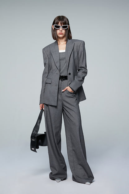 ANNAKIKI Gray Worsted Wool Wide-leg Pants Casual Pants-DEMI