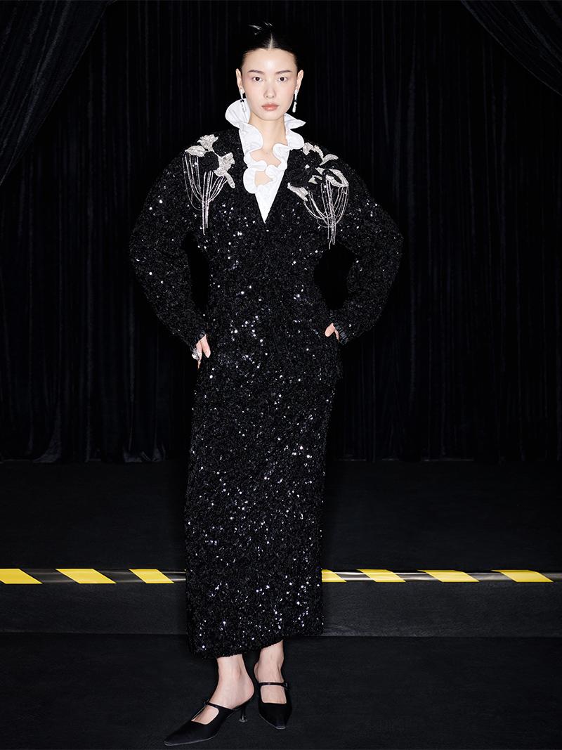 M essential Mackay designer three-dimensional silver orchid catenary beaded jacket - tems.