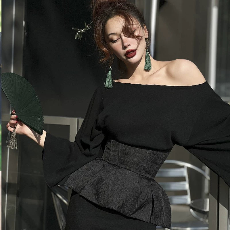 Le Palais Light Luxury Black Slim Knitted Long Skirt + Hourglass Fishbone Waist Seal-BAMBAM