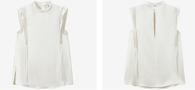COMME MOI Lv Yan designer summer sleeveless stand collar triple acetate satin top - MEADOW.
