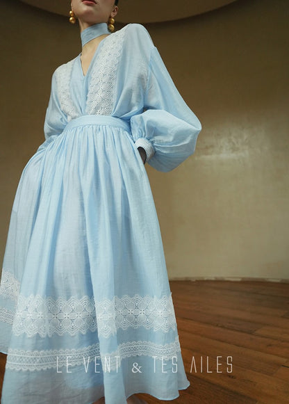 LE VENT&TES AILES pastel blue elegant summer vacation  V-neck shirt skirt set -GWEN