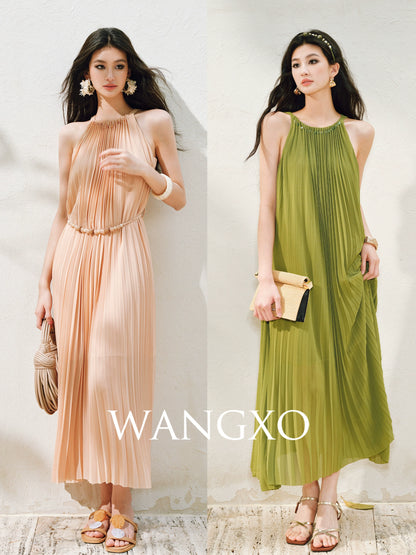 WANGXO | Natural Stone Beaded Halterneck Flowing A-Line Umbrella Skirt -ZENA
