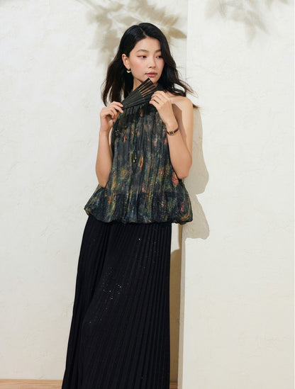 SUSHE Light Chinese smudge halter neck off-the-shoulder chiffon top -TESS