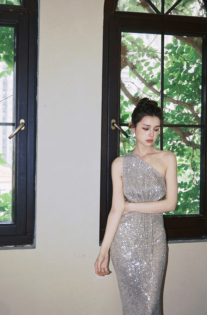 DOLLY Elegant Sliver One Shoulder Sleeveless Sparkling Slim Fit Sexy Dinner Dress-ALETA