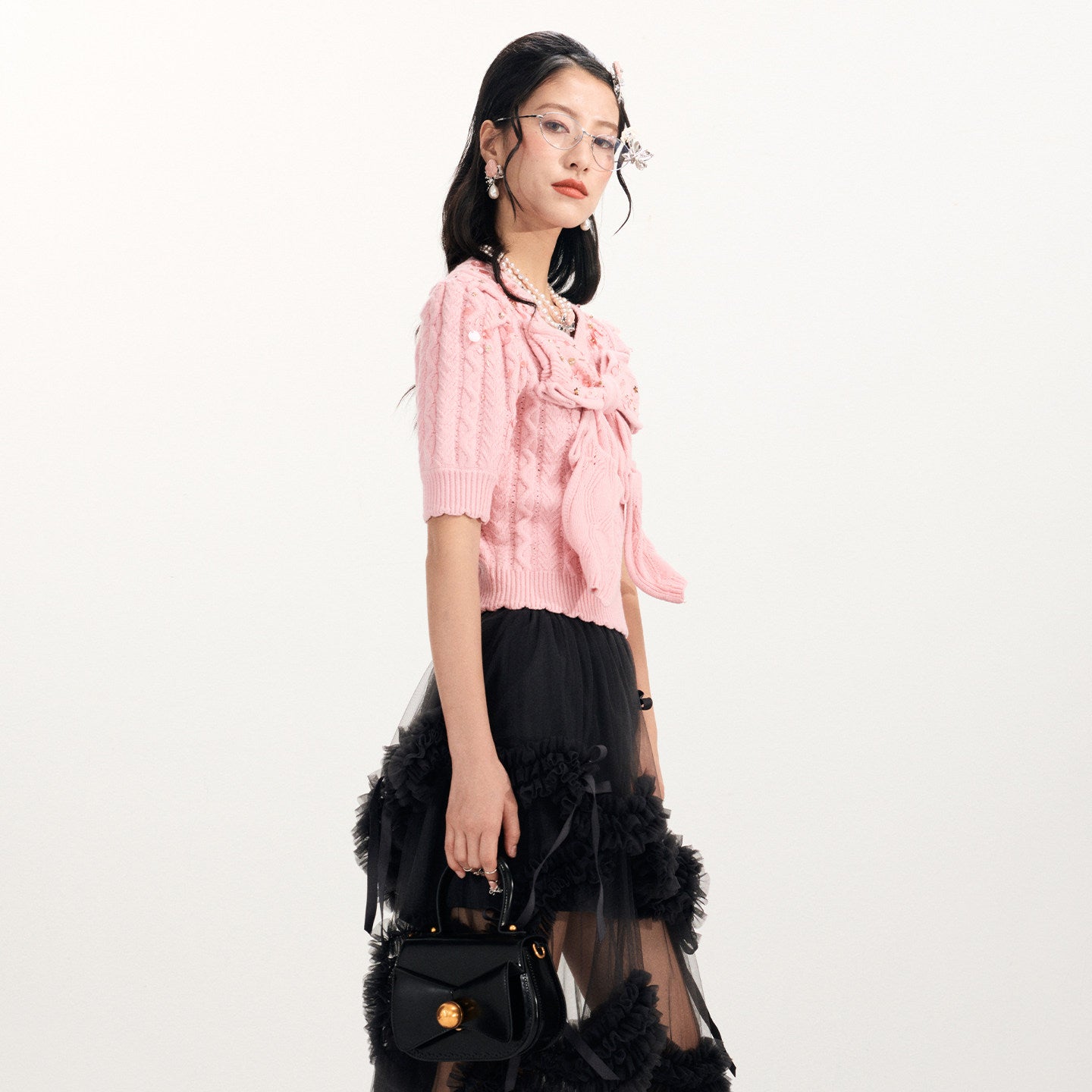 FAME Big Bow Shape Beaded Short Sleeve Knitted Top - AMANDA.