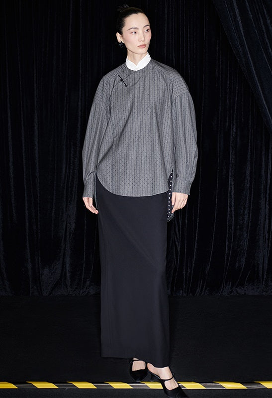 M essential Mackay designer sand diamond grey stripe diamond buckle silhouette shirt - ESHE .