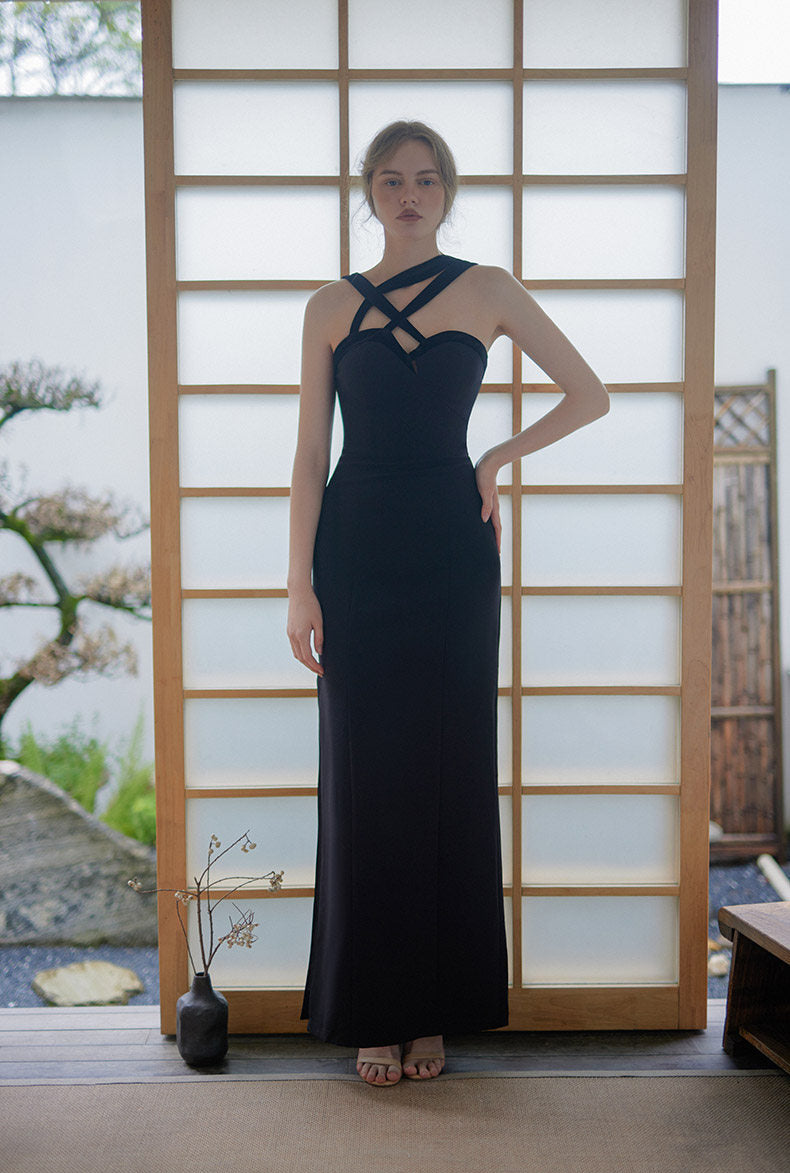 GOUDIN black long suspender light luxury dress-KASIA.