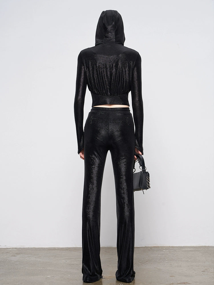 ANNAKIKI Glossy Black Hot Diamond Horseshoe Pants Women's Bootcut Pants-FUMI