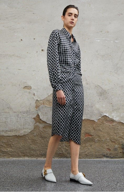 COMME MOI Lv Yan designer women's elegant silk black and white printed long sleeve dress - EMILIA.