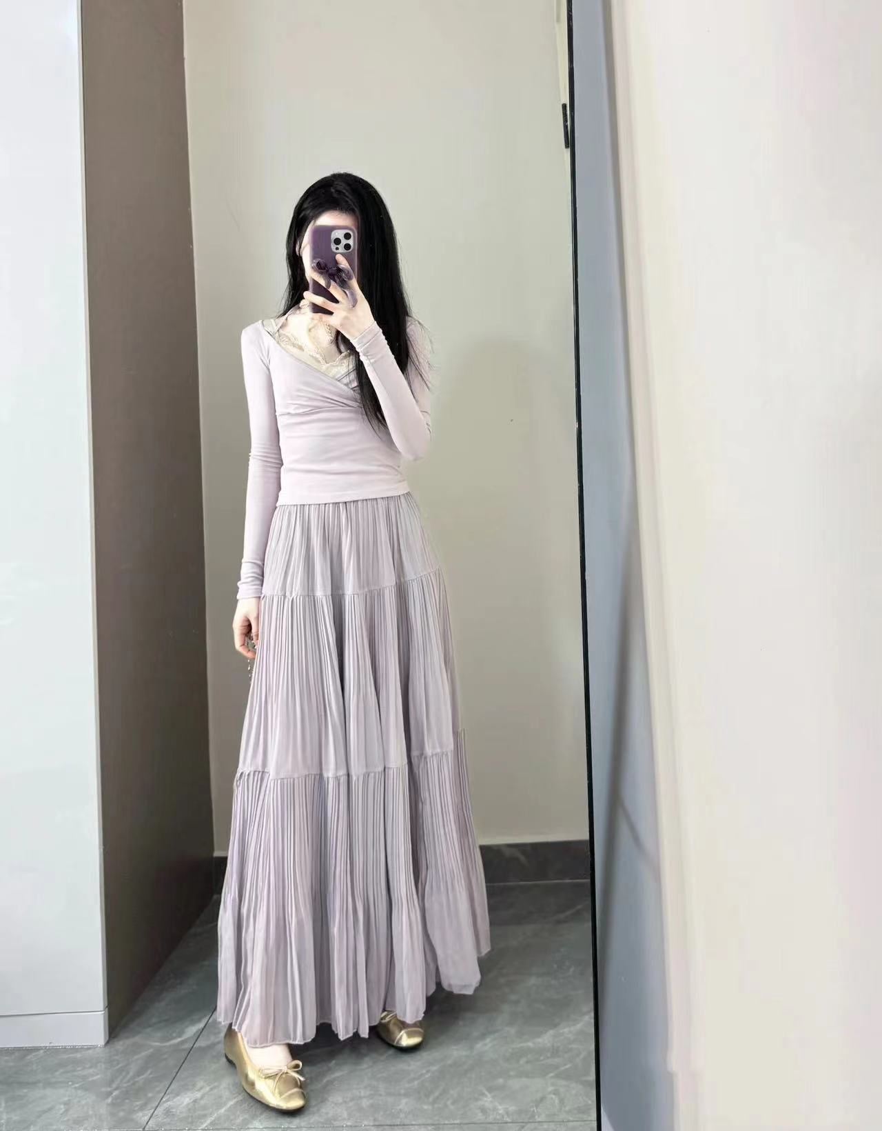 PIAOIN French pleated design three-tiered cake maxi pleated skirt spring-BELLE