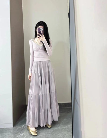 PIAOIN French pleated design three-tiered cake maxi pleated skirt spring-BELLE