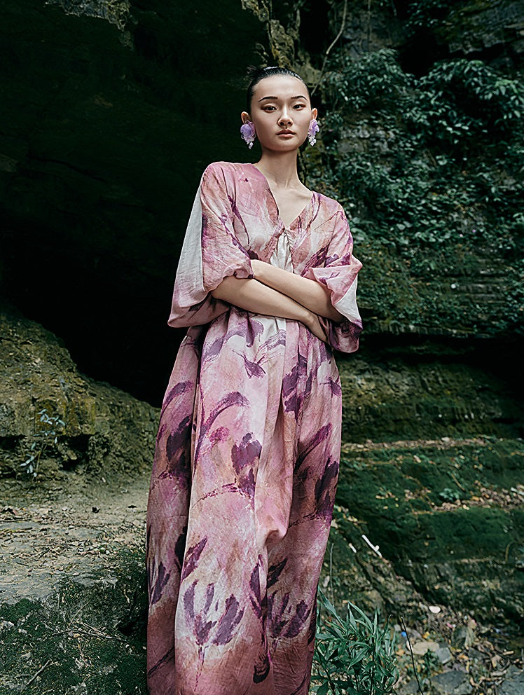 HECO Chinese Silk V-neck Dress Summer Elegant Floral Slim Long dress - GINE .