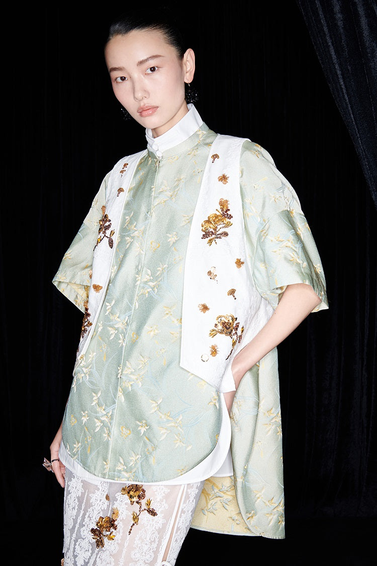 M essential Mackay designer Donchang jacquard low stand-up collar loose short-sleeved shirt - DIVA.